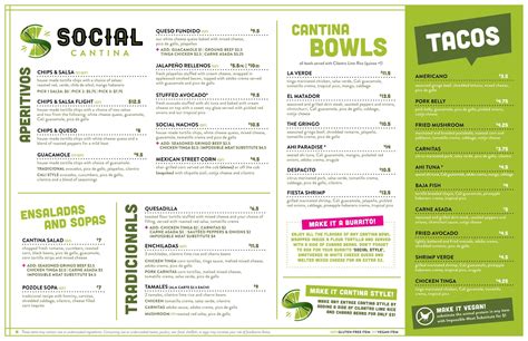 Social cantina menu - Chips & Queso at Social Cantina "I really want to love social cantina but the food just doesn't do it for me. I tried something different this time - the chicken enchiladas per the servers recommendation. ... Social Cantina Menu Appetizers Chips & Salsa Pick 1 Salsa. 2 photos. Price details $3.50 Roasted Red Salsa $0.00 Verde Salsa ...